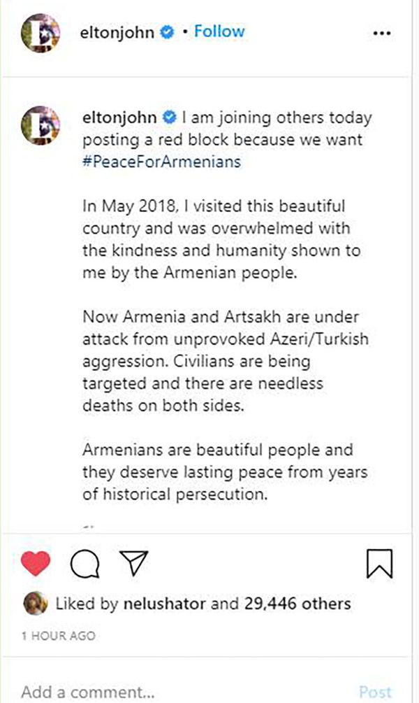 Элтон Джон удалил публикацию в Instagram в поддержку Армении - Sputnik Азербайджан