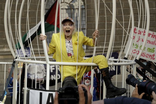 Дизайнер Вивьен Вествуд в гигантской клетке на протестном митинге против экстрадиции основателя WikiLeaks Джулиана Ассанжа у здания суда Олд-Бейли в Лондоне, Великобритания - Sputnik Азербайджан