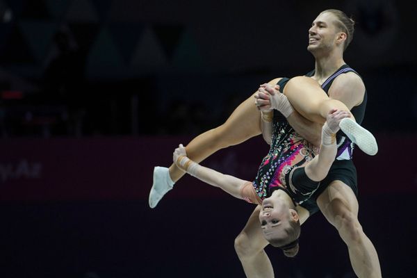 Спортсмены из Венгрии во время выступления на 16-м чемпионате мира по спортивной аэробике среди смешанных пар в Баку - Sputnik Азербайджан