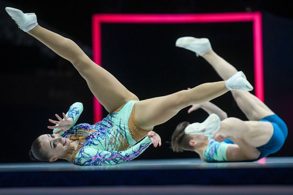 Спортсмены из России во время выступления на 16-м чемпионате мира по спортивной аэробике среди смешанных пар в Баку - Sputnik Азербайджан