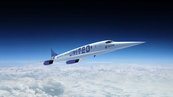 Релиз сверхзвукового самолета Boom Overture с логотипом авиакомпании United Airlines  - Sputnik Азербайджан