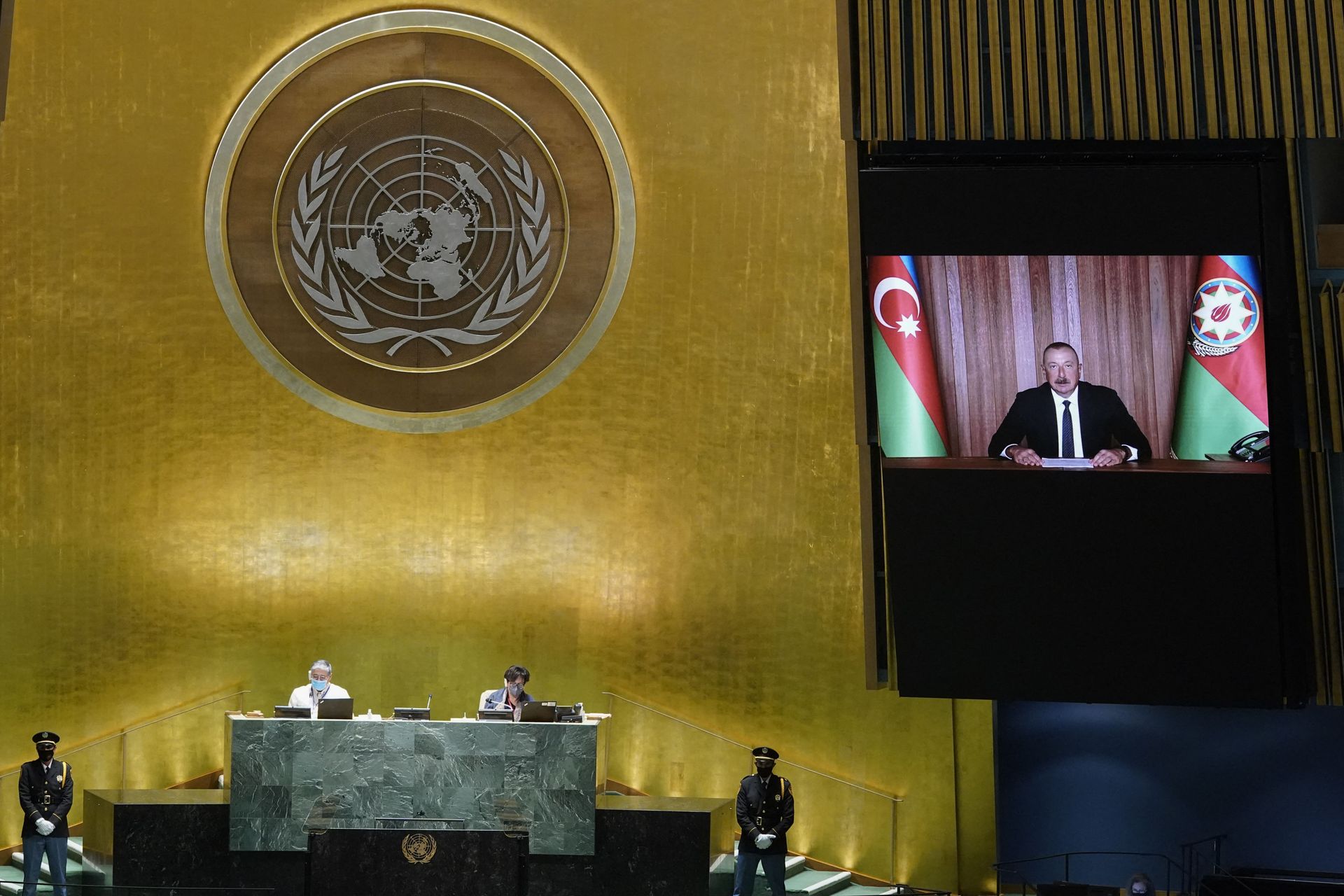 Prezident İlham Əliyev BMT Baş Assambleyasının 76-cı sessiyasının illik ümumi müzakirələrində çıxışı zamanı - Sputnik Азербайджан, 1920, 01.10.2021