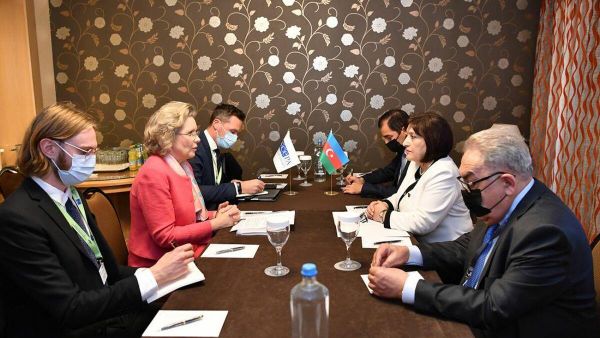 Спикер парламента Азербайджана Сахиба Гафарова и председатель Парламентской ассамблеи ОБСЕ Маргарет Седерфельт во время встречи - Sputnik Азербайджан