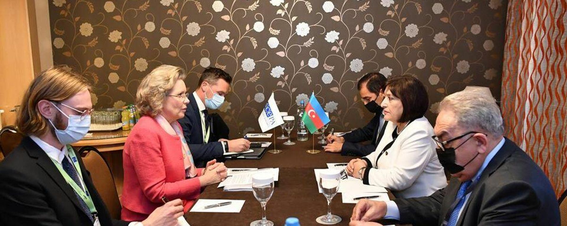 Спикер парламента Азербайджана Сахиба Гафарова и председатель Парламентской ассамблеи ОБСЕ Маргарет Седерфельт во время встречи - Sputnik Азербайджан, 1920, 22.10.2021