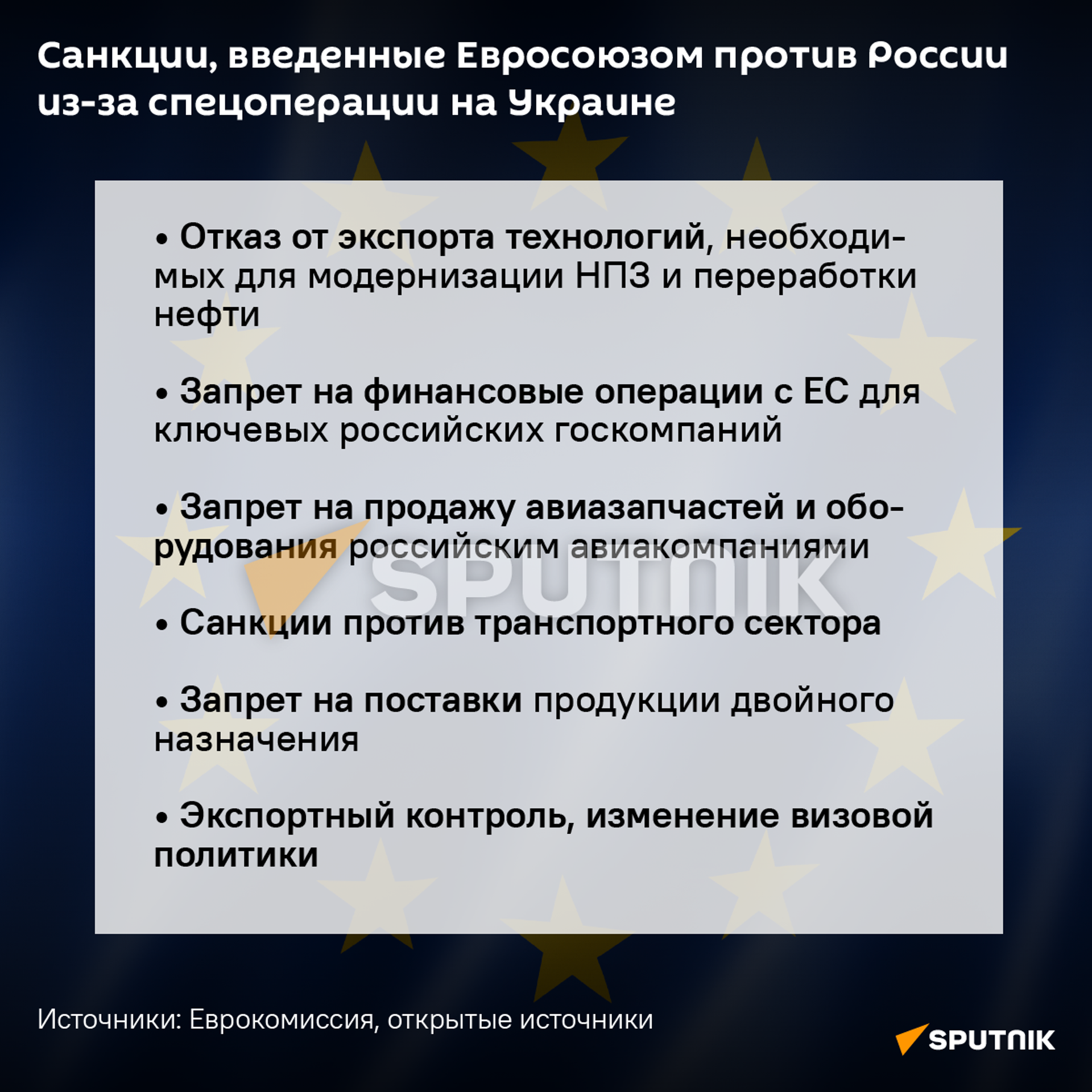 Санкции, введенные Евросоюзом против России из-за спецоперации на Украине Санкции, введенные Евросоюзом против России из-за спецоперации на Украине - Sputnik Азербайджан, 1920, 26.02.2022
