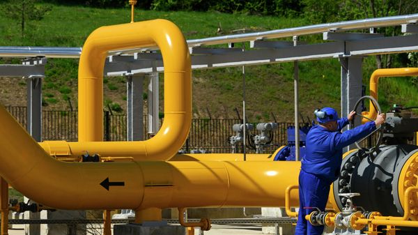 Сотрудник поворачивает вентиль на газокомпрессорной станции «Булгартрансгаз» в Болгарии - Sputnik Азербайджан