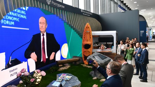 Президент РФ Владимир Путин выступает на пленарном заседании юбилейного, XXV Петербургского международного экономического форума - Sputnik Азербайджан