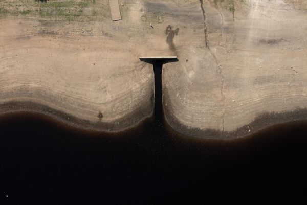 Представитель общественности выгуливает собаку у водохранилища Скаммонден в Западном Йоркшире, когда уровень воды в водохранилище падает до опасно низкого уровня на фоне рекордно высоких температур в Великобритании. - Sputnik Азербайджан