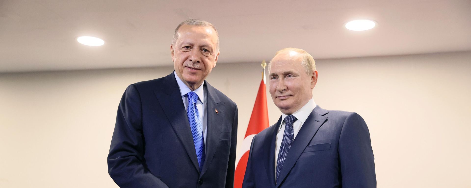 Президент РФ Владимир Путин и президент Турции Реджеп Тайип Эрдоган (слева) во время встречи - Sputnik Азербайджан, 1920, 29.05.2023