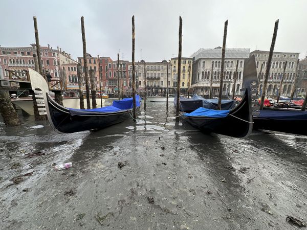 Гондолы, пришвартованные вдоль канала с низким уровнем воды во время отлива в Венеции, Италия. - Sputnik Азербайджан