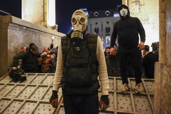 Участник акции протеста у здания парламента Грузии на проспекте Руставели в центре Тбилиси. - Sputnik Азербайджан