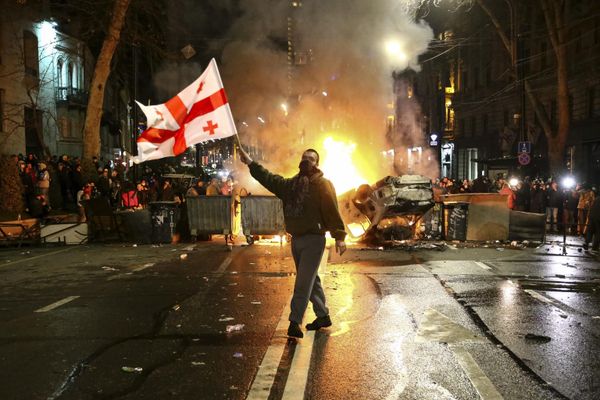 Участник акции протеста у здания парламента Грузии на проспекте Руставели в центре Тбилиси. - Sputnik Азербайджан