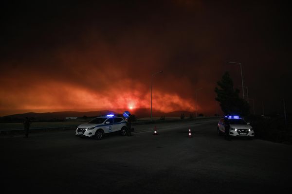 Полицейские машины блокируют дорогу во время лесного пожара возле Александруполиса, северная Греция. - Sputnik Азербайджан
