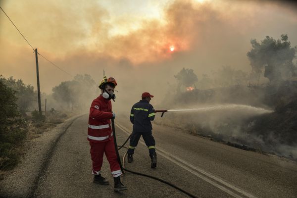 Пожарные тушат огонь во время лесного пожара недалеко от Продромоса, Греция. - Sputnik Азербайджан