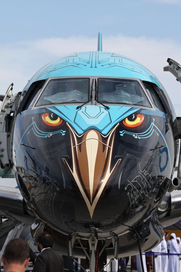 Самолет Embraer E195-E2 в виде орла на взлетной полосе на Dubai Airshow 2023 в Дубае. - Sputnik Азербайджан