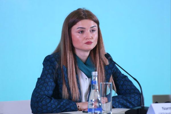 Председатель правления Операционной компании COP29, главный исполнительный директор по операциям Нармин Джарчалова на первой пресс-конференции в штаб-квартире COP29. - Sputnik Азербайджан