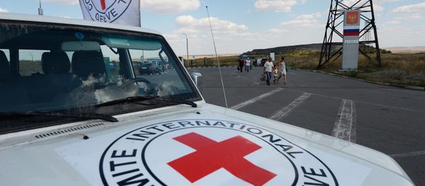 Автомобиль Красного Креста, который сопровождает колонну автомобилей КамАЗ с гуманитарной помощью для жителей юго-востока Украины - Sputnik Азербайджан