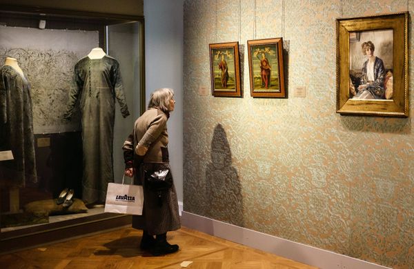 Посетительница на открытии выставки Марио Фортуни. Волшебник из Венеции. Коллекционер. Художник. Кутюрье, посвященной творчеству итальянского дизайнера Мариано Фортуни-и-Мадрасо, в Государственном Эрмитаже в Санкт-Петербурге - Sputnik Азербайджан