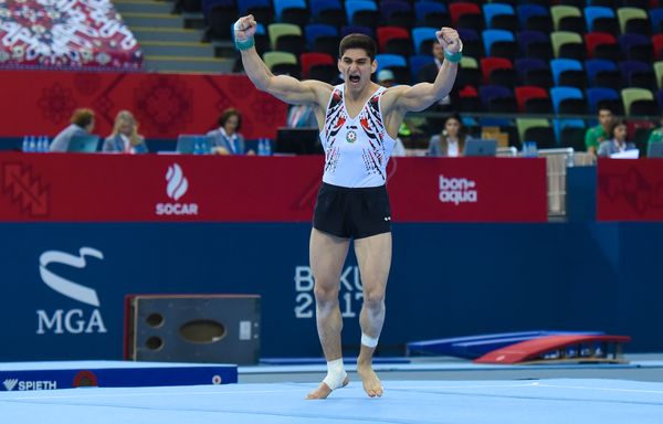 Финалы соревнований по спортивной гимнастике среди мужчин и женщин в вольных упражнениях, упражнениях на брусьях и кольцах, в опорном прыжке и на брусьях - Sputnik Азербайджан