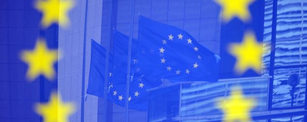 Флаги в отражении на стенде с эмблемой ЕС - Sputnik Азербайджан