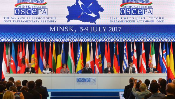 Заседание 26-й ежегодной сессии Парламентской ассамблеи Организации по безопасности и сотрудничеству в Европе (ОБСЕ) в Минске - Sputnik Азербайджан