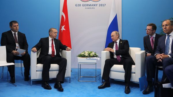 Президент РФ Владимир Путин и президент Турции Реджеп Тайип Эрдоган во время беседы на полях саммита лидеров Группы двадцати G20 в Гамбурге, 8 июля 2017 года - Sputnik Азербайджан
