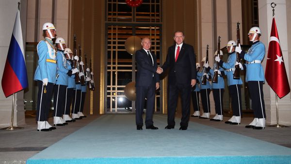 Президент РФ Владимир Путин и президент Турции Реджеп Тайип Эрдоган во время официальной встречи у дворца президента Турецкой Республики в Анкаре, 28 сентября 2017 года - Sputnik Азербайджан