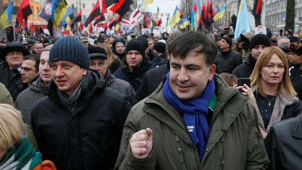 Бывший президент Грузии Михаил Саакашвили во время акции протеста в Киеве, Украина, 17 декабря 2017 года - Sputnik Азербайджан