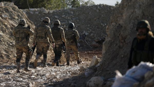 Поддерживаемые Турцией бойцы сирийской армии на горе Барсая, к северо-востоку от Африна, Сирия 28 января 2018 года - Sputnik Азербайджан
