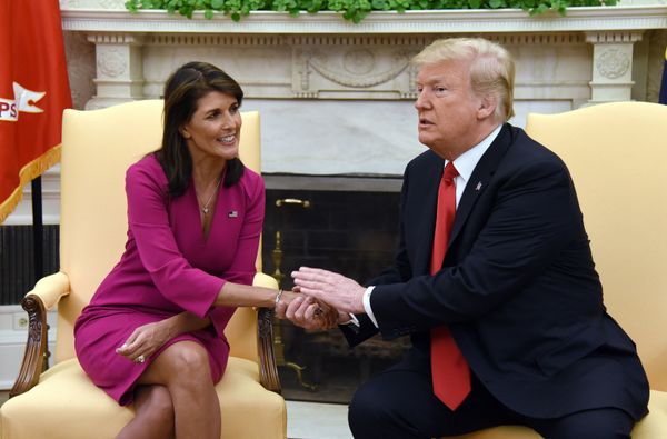 Президент США Дональд Трамп пожимает руку Никки Хейли, представителю Соединенных Штатов при ООН в Овальном кабинете Белого дома - Sputnik Азербайджан