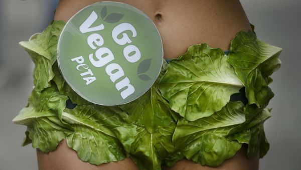 Группа активистов PETA выступает во время мероприятия, пропагандирующего веганский образ жизни в центре Бухареста, Румыния - Sputnik Азербайджан