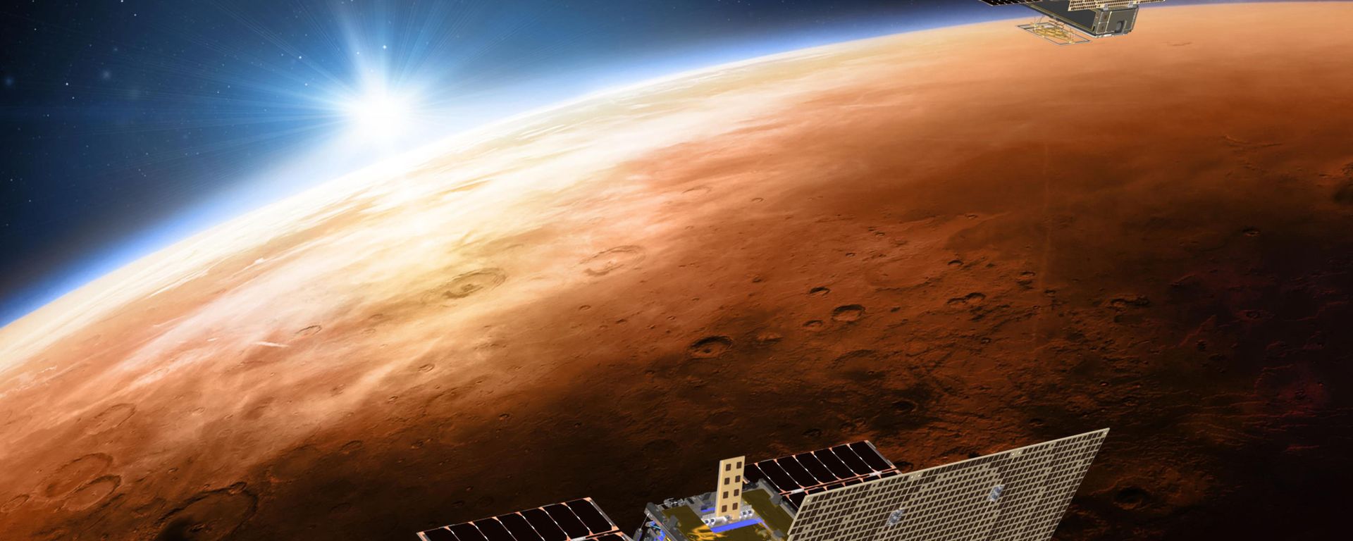 Иллюстрация NASA c изображением двух космических кораблей проекта Mars Cube One, летящих над Марсом - Sputnik Азербайджан, 1920, 25.03.2023