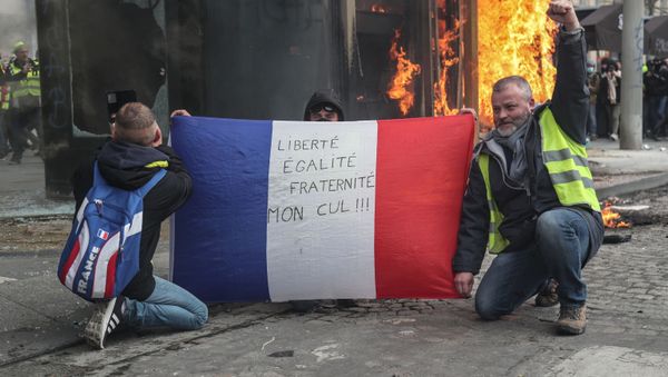 Протестующие в Желтом жилете держат французский флаг с надписью Свобода, Равенство, Братство, моя Задница! - Sputnik Азербайджан