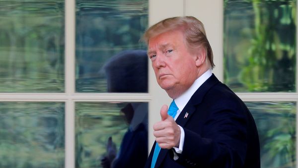 Президент США Дональд Трамп жестом обращается к средствам массовой информации возле Овального кабинета, возвращаясь в Белый дом после посещения Арлингтонского национального кладбища в Вашингтоне, США - Sputnik Азербайджан
