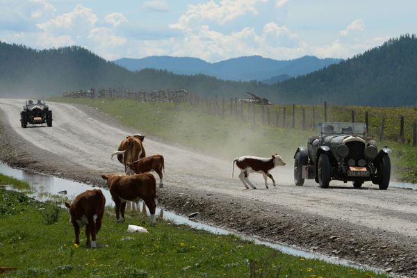 Участники международного ралли на старинных автомобилях Пекин - Париж 2019 на автомобильной дороге в Республике Алтай - Sputnik Азербайджан