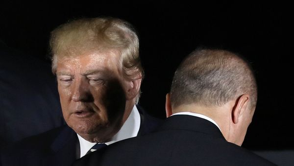 Президент США  Дональд Трамп и президент Турции Реджеп Тайип Эрдоган во время саммита G-20 в Осаке, Япония - Sputnik Азербайджан