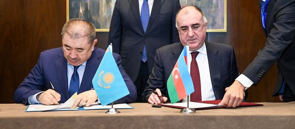 Глава МИД Азербайджана Эльмар Мамедъяров и министр внутренних дел Казахстана Эрлан Тургумбаев - Sputnik Азербайджан