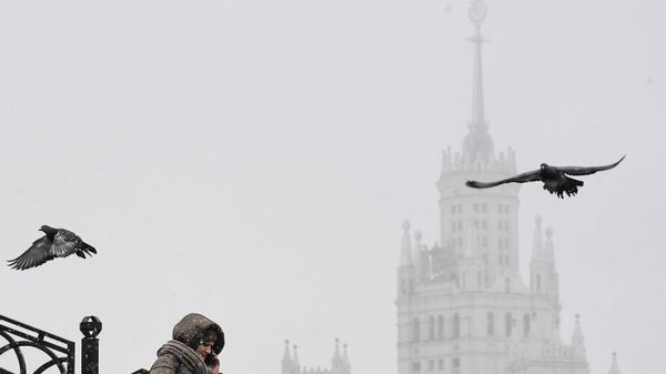 Женщина на пешеходном мосту через реку Яузу на фоне сталинской высотки в Москве - Sputnik Азербайджан