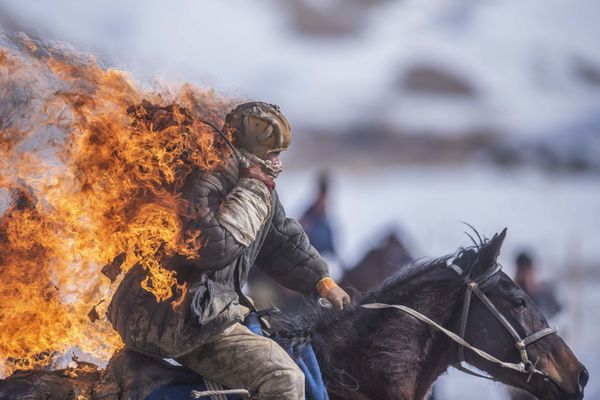 Каскадер во время показательных выступлений в рамках чемпионата по традиционной конной игре кок-бору в Кыргызстане. - Sputnik Азербайджан