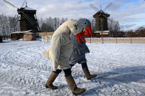 Актеры в костюмах гусей во время праздничных гуляний Широкой Масленицы в Суздале - Sputnik Азербайджан