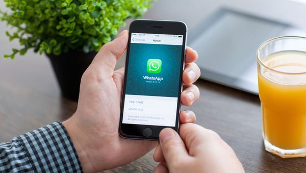 Мужчина держит смартфон iPhone 6 с WhatsApp на экране - Sputnik Азербайджан